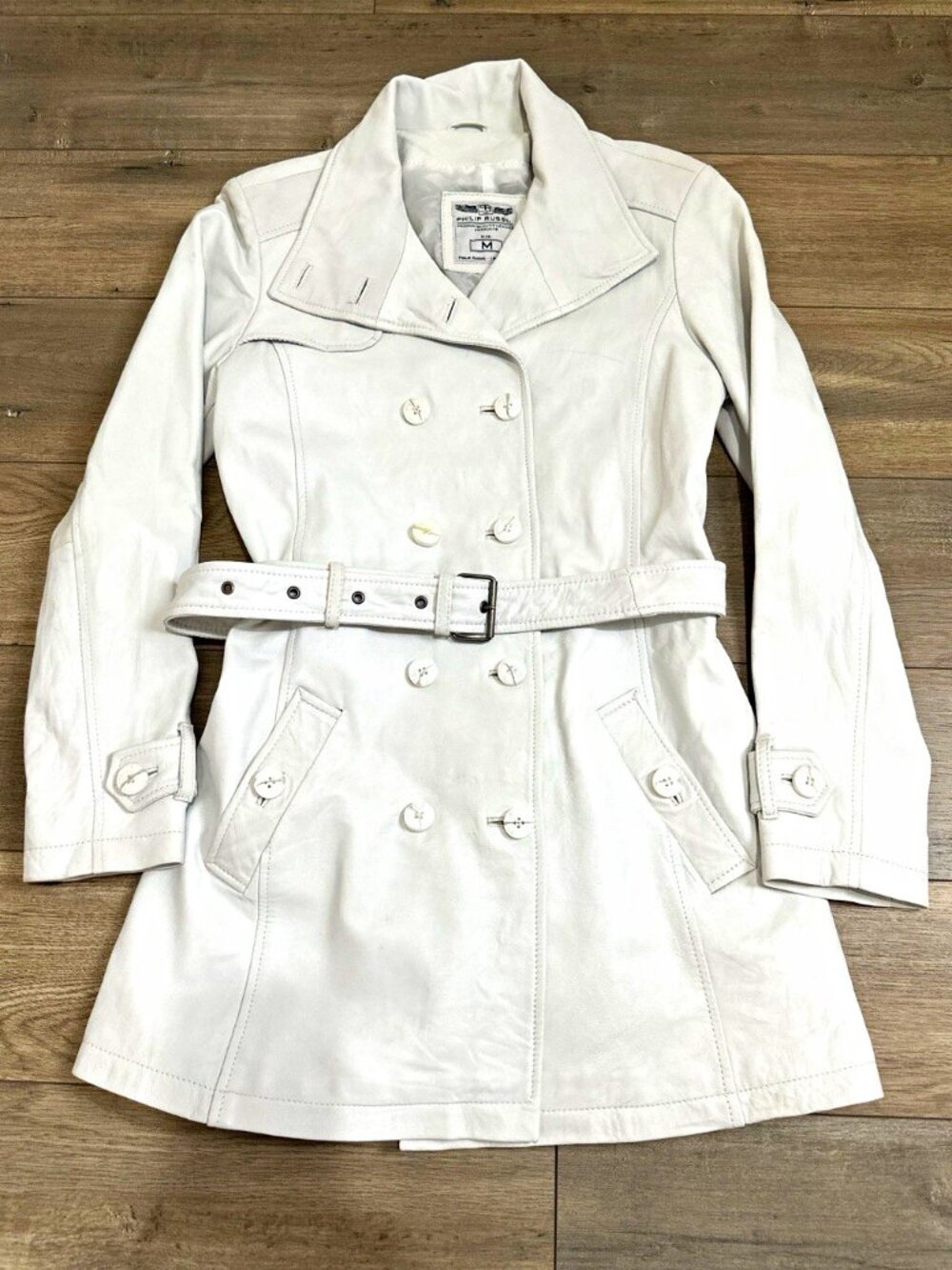 Philip Russel Women’s M Off-white Leather Belted Double Breasted Trench Coat